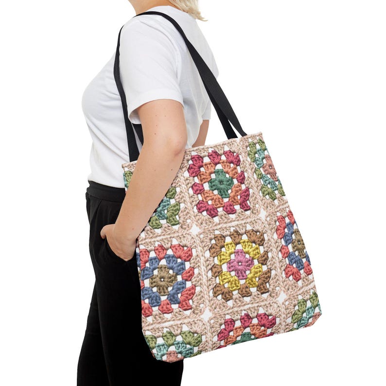 Colorful Crochet Granny Squares Tote | Pattern All-Over-Print Bag image 15