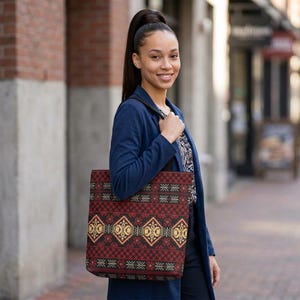 Red Aztec Boho Tote Bag | Geometric Tribal Pattern Tote image 3