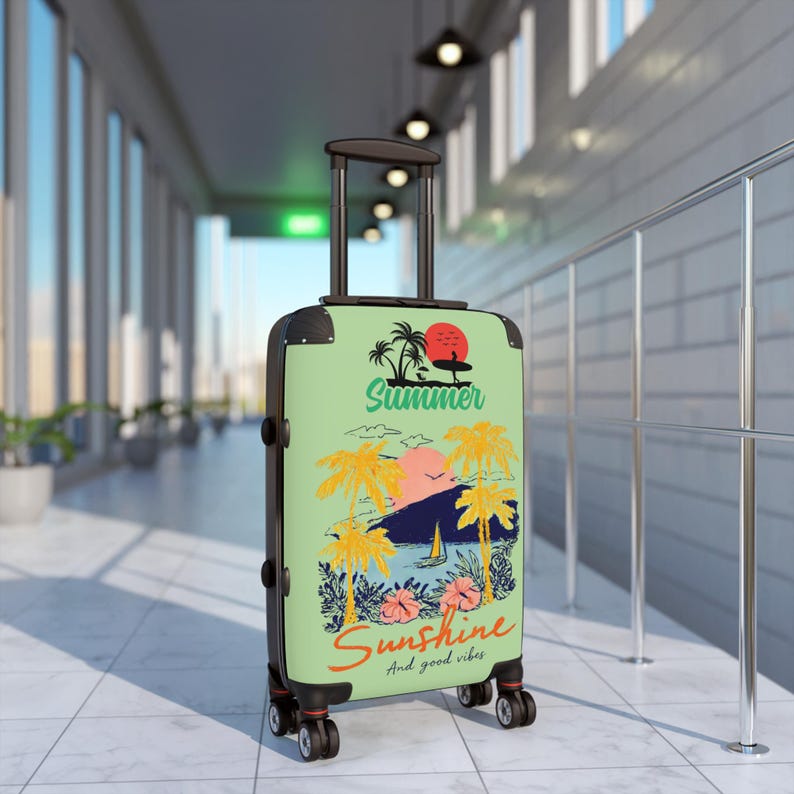 Summer Sunshine beach scene Suitcase | tropical palm trees, sailboat, retro sunset image 8