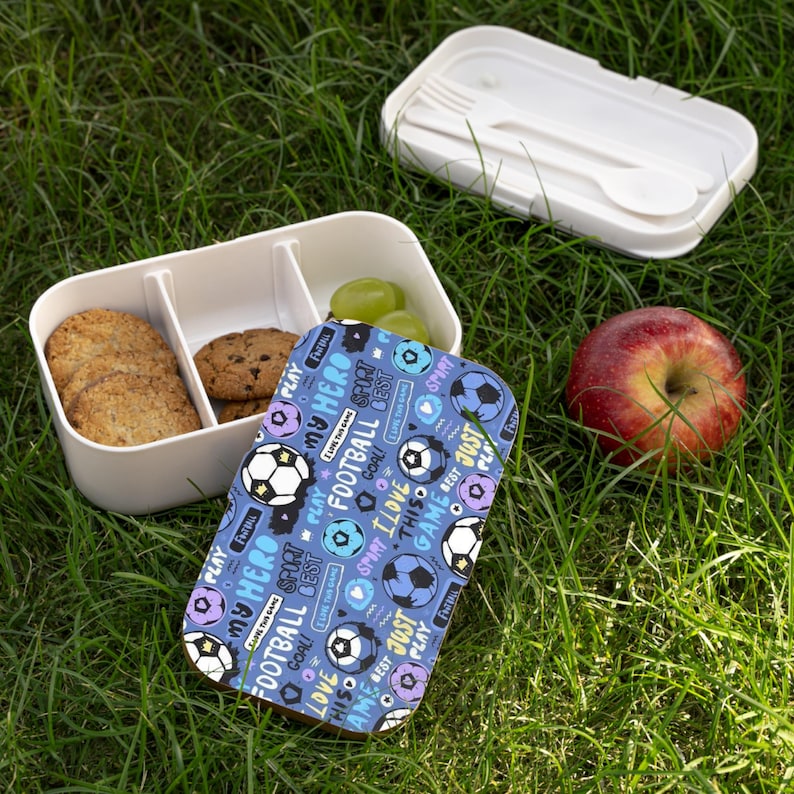 Soccer Doodles Bento Lunch Box | Football Pattern, Blue Kids Lunchbox image 1