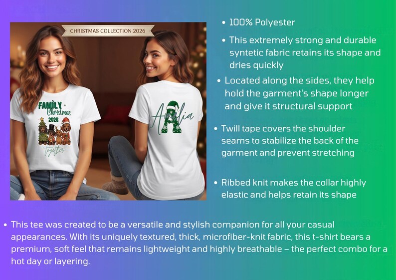 Puede incluir: Una camiseta blanca de manga corta con un gr&aacute;fico navide&ntilde;o en la parte delantera que muestra cuatro perros con accesorios festivos y el texto Family Christmas 2026 Together. La parte trasera muestra una letra A grande con dise&ntilde;o.