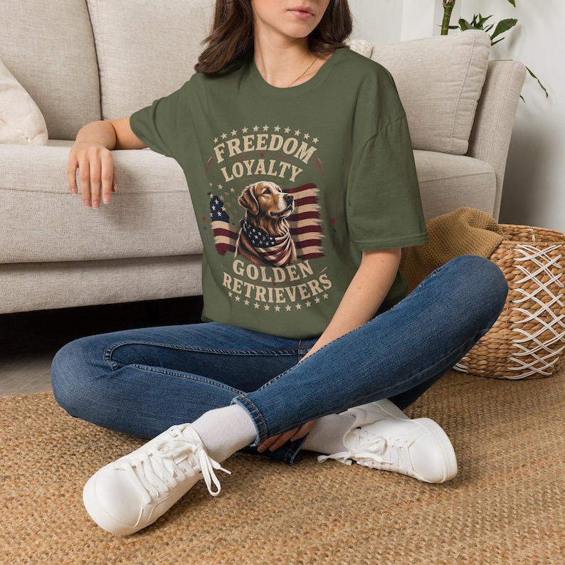 Freedom Loyalty Golden Retriever T-Shirt | American Flag Dog Tee image 1