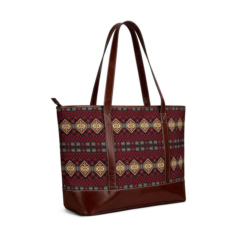 Rustic Geometric Pattern Handbag | Burgundy Aztec Tote image 6