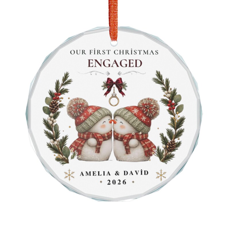 Personalized Engaged Snow Couple Crystal Ornament | Our First Christmas, Names & Year image 2