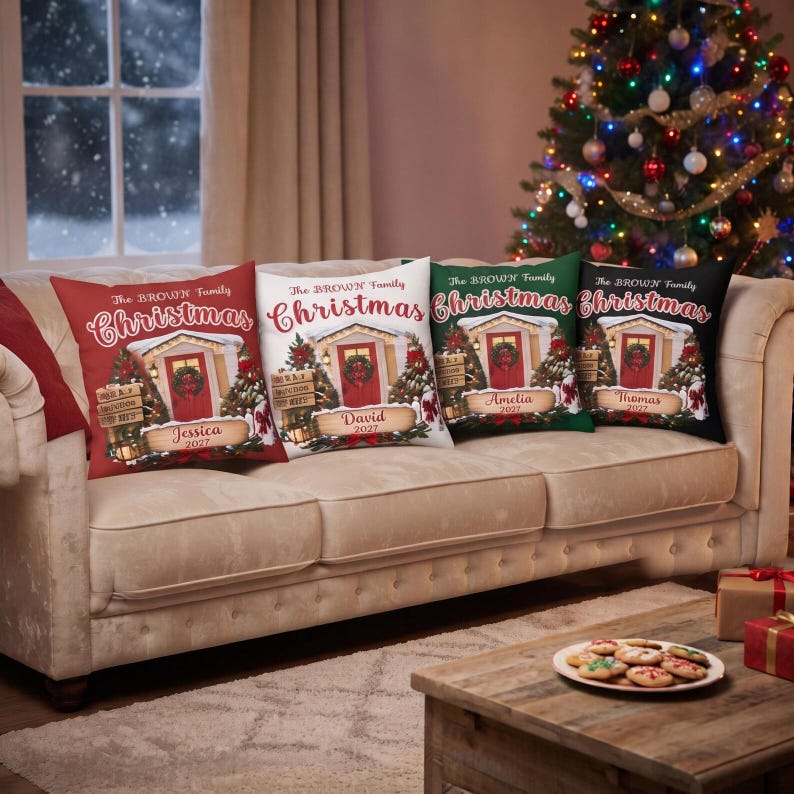 May include: Four square throw pillows featuring a festive house illustration with a red door, wreath, and snow-covered trees. Each pillow displays the text The BROWN Family Christmas and a name tag with the year 2027 in red, white, green, and black.