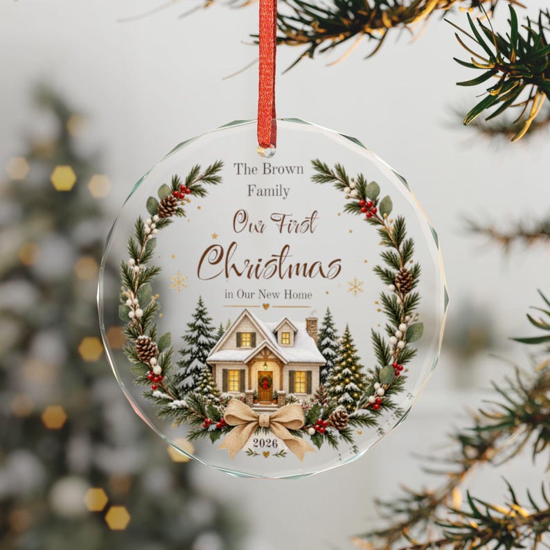 Our First Christmas Crystal Glass Ornament | Snowy House Wreath Personalized image 1