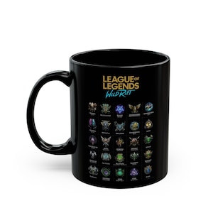 Tazza in ceramica nera con la tabella dei campioni del videogioco League of Legends Wild Rift / Tazza in ceramica nera immagine 2