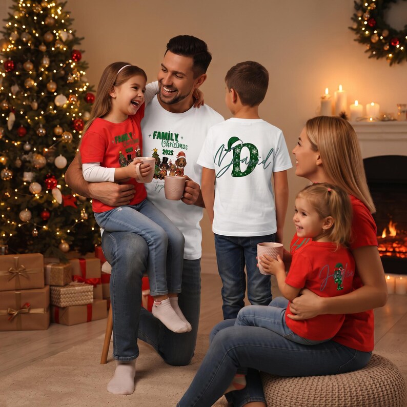 Puede incluir: Una colecci&oacute;n de camisetas familiares a juego con gr&aacute;ficos festivos navide&ntilde;os. Las camisetas blancas muestran un dise&ntilde;o de Family Christmas 2025 con perros ilustrados, mientras que las rojas incluyen nombres personalizados y detalles verdes.