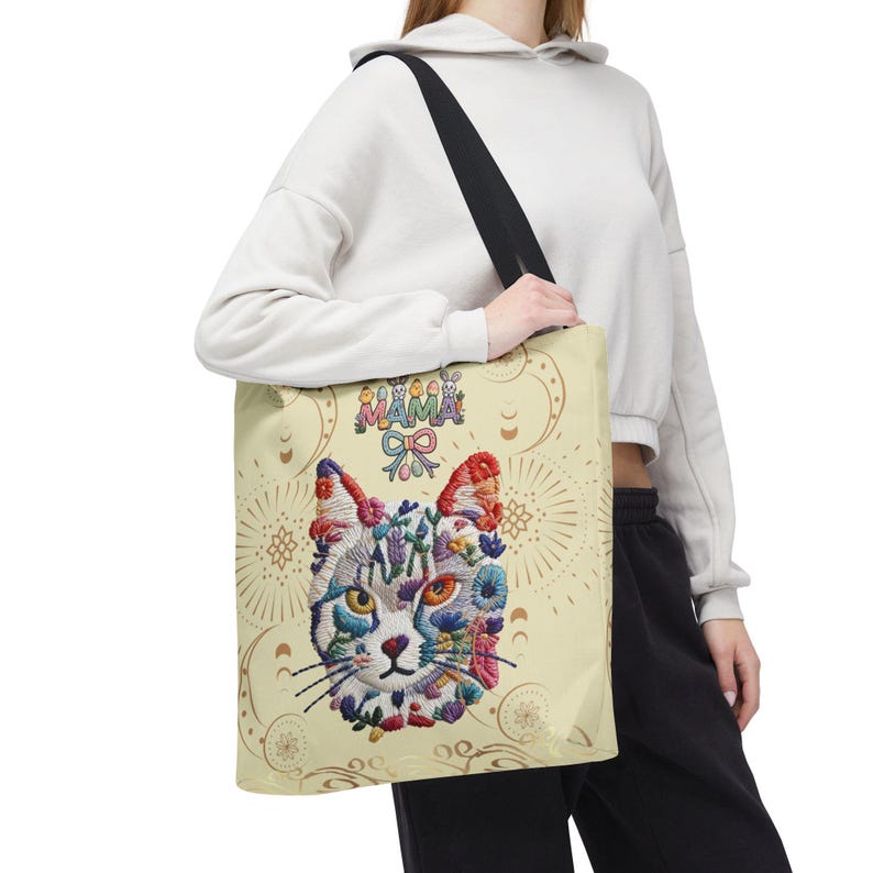 Floral Cat Face mama Tote Bag | Colorful Embroidered Style Animal Print image 16