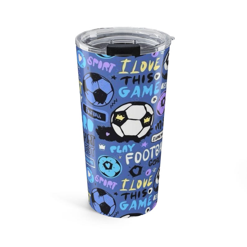Fußball Doodle Becher 20oz | Fußball-Grafik, blaues Sport-Muster Bild 2