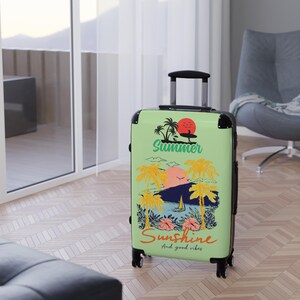 Summer Sunshine beach scene Suitcase | tropical palm trees, sailboat, retro sunset image 11