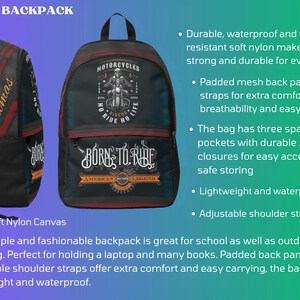May include: A black backpack featuring a graphic of a skeleton riding a motorcycle with the text "MOTORCYCLES", "NO RIDE NO LIFE", "BORN TO RIDE", and "AMERICAN LEGEND". The side displays the name "Thomas" in gold script lettering.