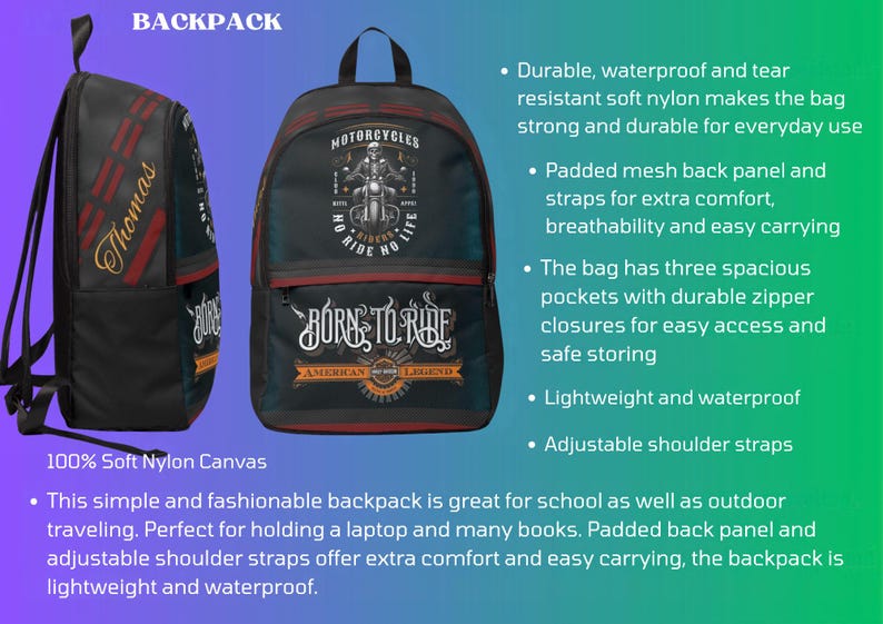 May include: A black backpack featuring a graphic of a skeleton riding a motorcycle with the text "MOTORCYCLES", "NO RIDE NO LIFE", "BORN TO RIDE", and "AMERICAN LEGEND". The side displays the name "Thomas" in gold script lettering.