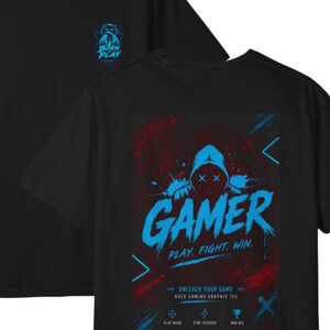 Gamer Hoodie Grafisk T-shirt | Neonblå Arcade-logotyp, Spela Kämpa Vinn bild 3