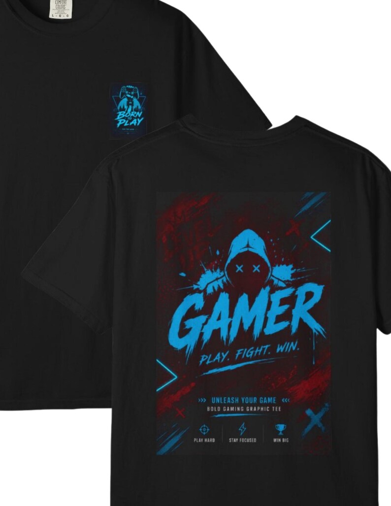Gamer Hoodie Grafisk T-shirt | Neonblå Arcade-logotyp, Spela Kämpa Vinn bild 3