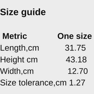 May include: A size guide chart with black text on a light background. It lists dimensions for one size: length 31.75 inches, height 43.18 inches, width 12.70 inches, and a size tolerance of 1.27 inches. The chart includes headers for Metric and One size.