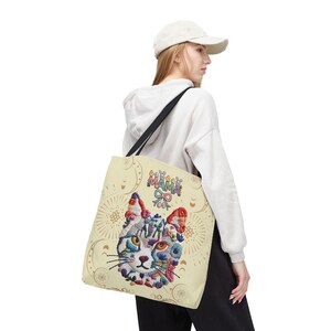 Floral Cat Face mama Tote Bag | Colorful Embroidered Style Animal Print image 11