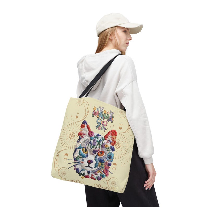 Floral Cat Face mama Tote Bag | Colorful Embroidered Style Animal Print image 11