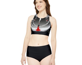 Aktive Strandbekleidung – sportlich gemustertes Bikini-Set (AOP), trendiger Sport-Badeanzug, schicker Athleisure-Zweiteiler – sportlicher Bikini mit Prints