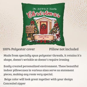 May include: A square green pillow cover featuring a Christmas-themed graphic with a house, a red door, decorated pine trees, and text that reads The BROWN Family Christmas, New Year, New Memories, Same Love, Amelia, and 2027 with a concealed zipper.