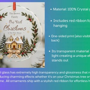 May include: A round crystal glass Christmas ornament featuring a printed wreath of pine branches, pinecones, and red berries surrounding a house illustration. Text reads: The Brown Family, Our First Christmas in Our New Home, and 2026. Includes a red ribbon.