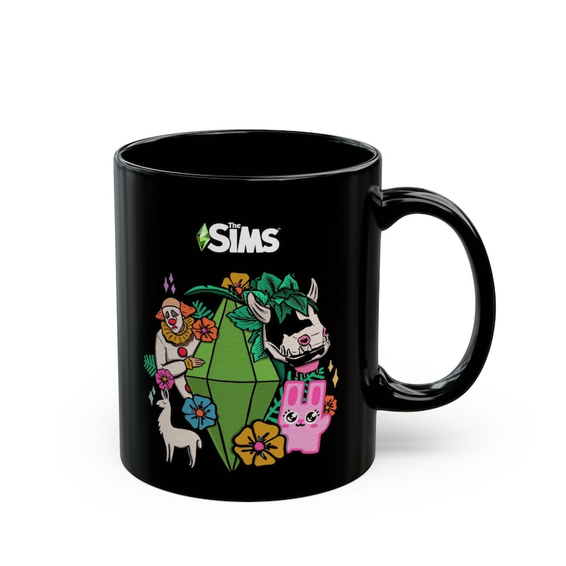 The Sims Plumbob Floral Characters Mug | Black Ceramic Mug image 1