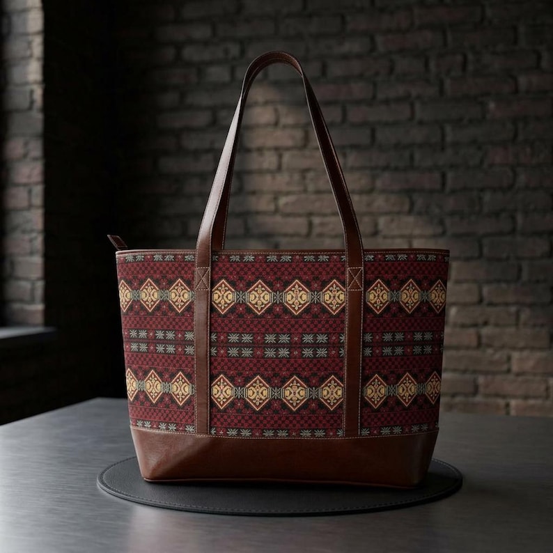 Rustic Geometric Pattern Handbag | Burgundy Aztec Tote image 3