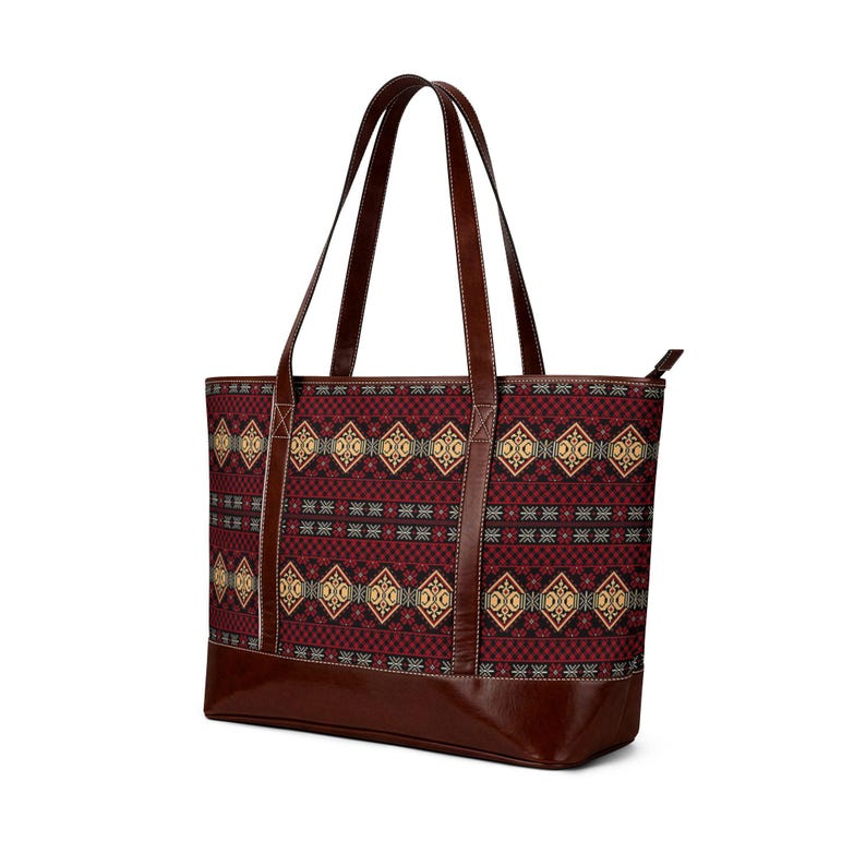Rustic Geometric Pattern Handbag | Burgundy Aztec Tote image 7