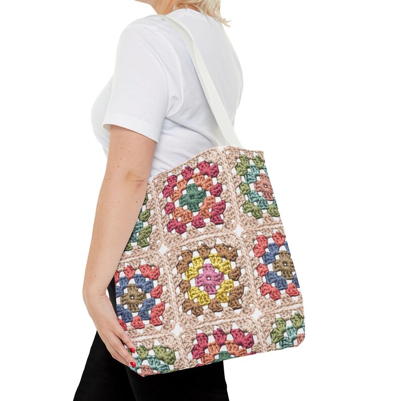 Colorful Crochet Granny Squares Tote | Pattern All-Over-Print Bag image 18
