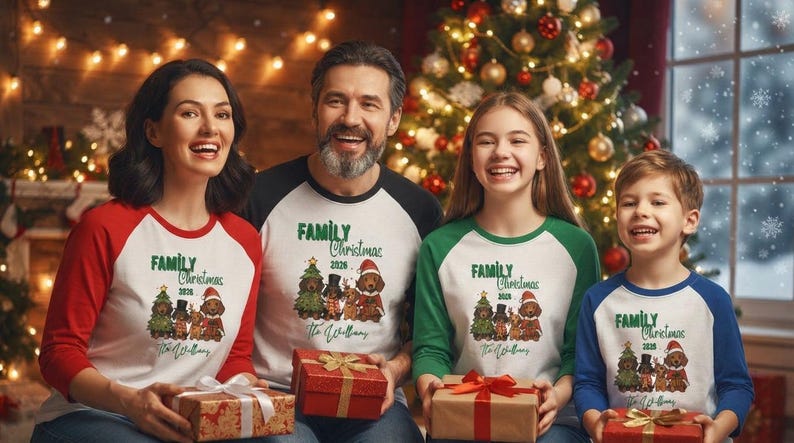 Op de afbeelding: Een set van vier raglan-shirts met witte body's en gekleurde mouwen in rood, zwart, groen en blauw. Elk shirt heeft een afbeelding van vier honden in kerstkleding, de tekst "FAMILY Christmas 2026" en de naam "The Williams" op de voorzijde.