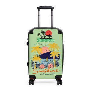 Summer Sunshine beach scene Suitcase | tropical palm trees, sailboat, retro sunset image 5