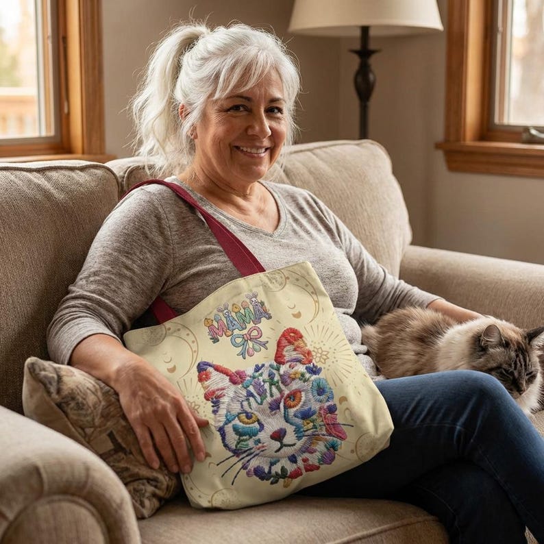 Floral Cat Face mama Tote Bag | Colorful Embroidered Style Animal Print image 2