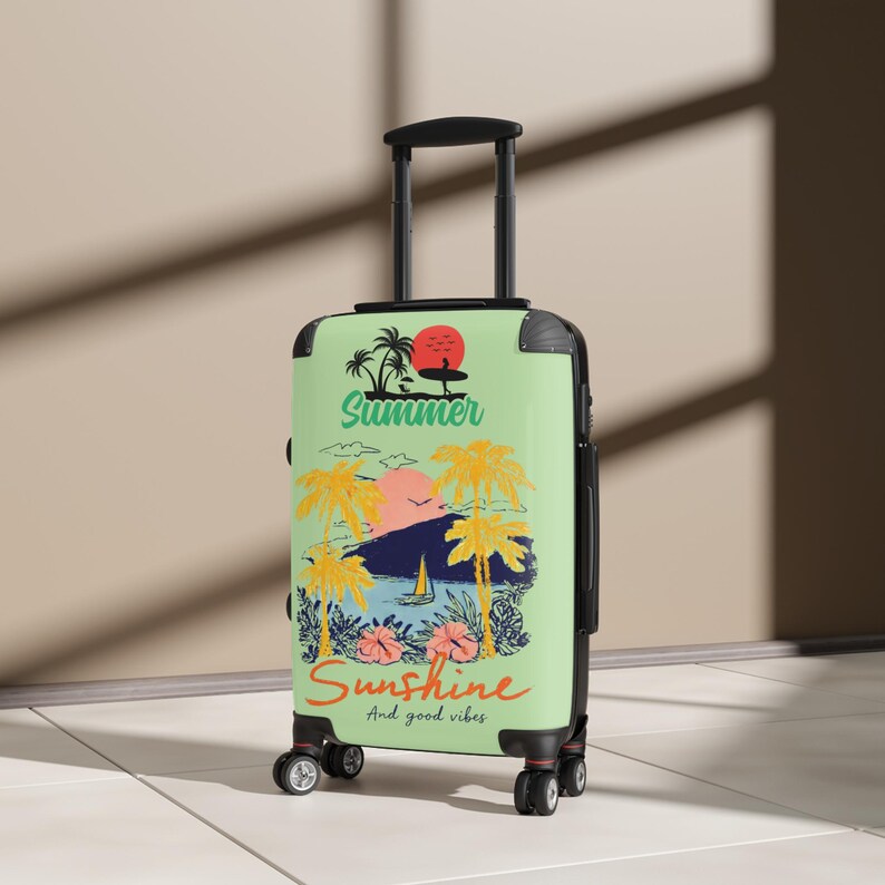 Summer Sunshine beach scene Suitcase | tropical palm trees, sailboat, retro sunset image 9