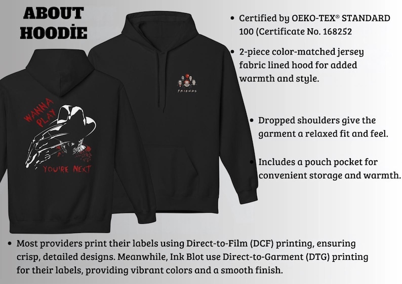 Peut inclure: Un sweat &agrave; capuche noir avec un motif frontal de petites t&ecirc;tes de personnages et le texte FRIENDS. Le dos pr&eacute;sente un grand motif d'une main gant&eacute;e avec le texte rouge WANNA PLAY et YOU'RE NEXT. Le sweat inclut une capuche et une poche ventrale.