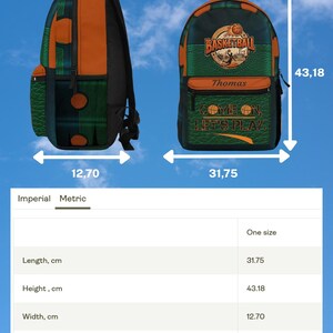 May include: A basketball-themed backpack in orange and dark green with a textured pattern. The front features the text "BASKETBALL", "Thomas", and "COME ON, LET'S PLAY". Dimensions are 17 inches high, 12.5 inches wide, and 5 inches deep.