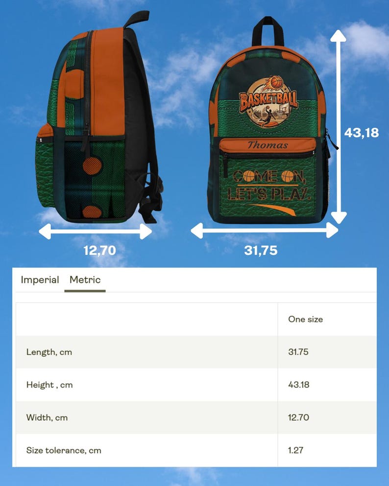 May include: A basketball-themed backpack in orange and dark green with a textured pattern. The front features the text "BASKETBALL", "Thomas", and "COME ON, LET'S PLAY". Dimensions are 17 inches high, 12.5 inches wide, and 5 inches deep.