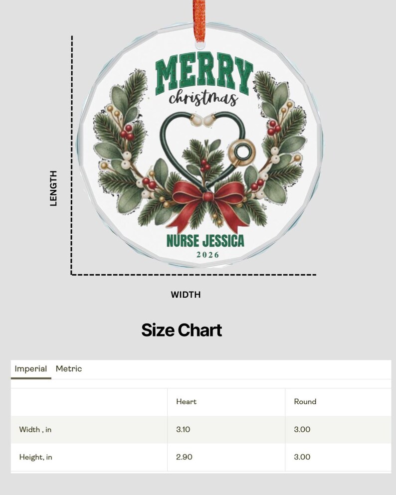 May include: A round, clear Christmas ornament featuring a green and red wreath design with a stethoscope shaped into a heart. The text reads MERRY christmas, NURSE JESSICA, and 2026. A size chart shows the round ornament is 7.62 cm wide and high.