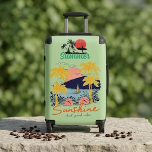 Summer Sunshine beach scene Suitcase | tropical palm trees, sailboat, retro sunset image 3