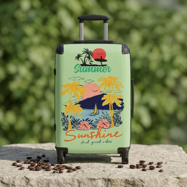 Summer Sunshine beach scene Suitcase | tropical palm trees, sailboat, retro sunset image 3
