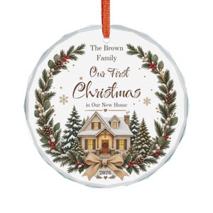 Our First Christmas Crystal Glass Ornament | Snowy House Wreath Personalized image 4