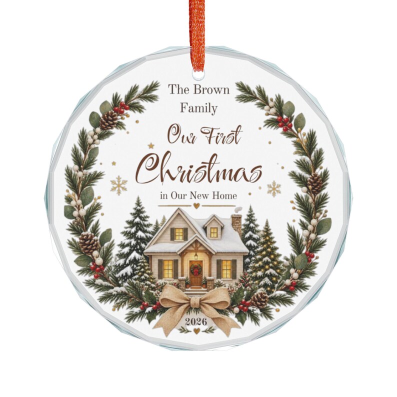 Our First Christmas Crystal Glass Ornament | Snowy House Wreath Personalized image 4