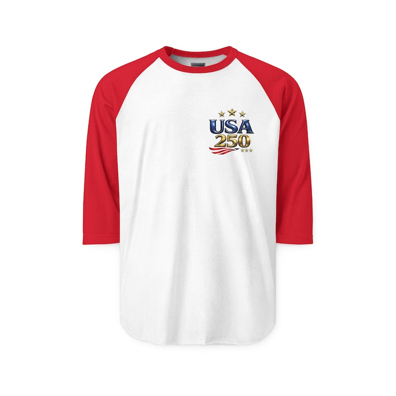 May include: White baseball style shirt with red sleeves. The shirt features the text "USA 250" with stars and stripes graphic on the front. A casual, patriotic tee.