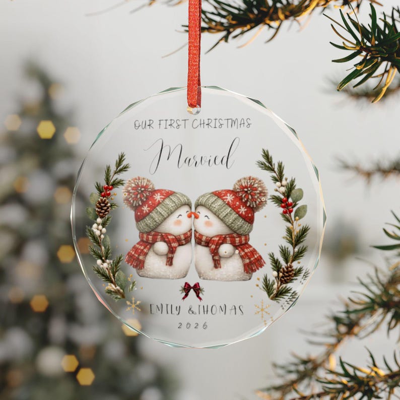 Personalized Snowman Couple Ornament | 'Our First Christmas Married' Crystal Keepsake image 1