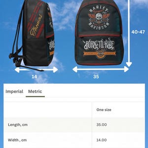 May include: A black backpack featuring Harley-Davidson branding, a skull graphic, and the text Born to Ride and American Legend. The side displays the name Thomas. Dimensions are 14 inches wide, 35 inches long, and 40-47 inches in height.