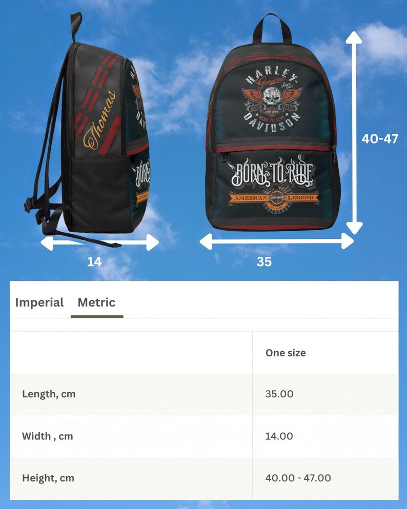 May include: A black backpack featuring Harley-Davidson branding, a skull graphic, and the text Born to Ride and American Legend. The side displays the name Thomas. Dimensions are 14 inches wide, 35 inches long, and 40-47 inches in height.