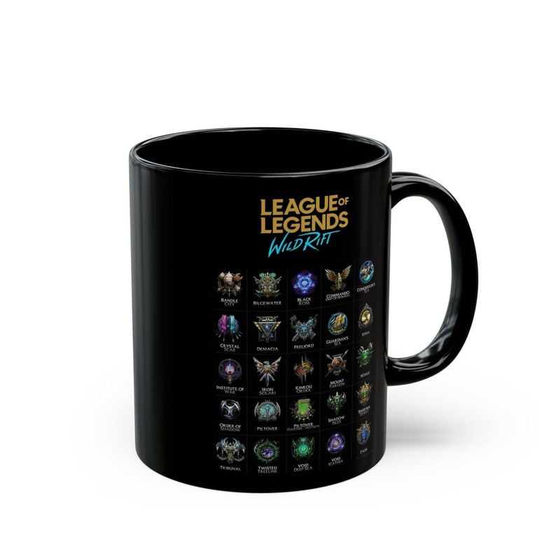 Tazza in ceramica nera con la tabella dei campioni del videogioco League of Legends Wild Rift / Tazza in ceramica nera immagine 3