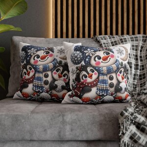 Kerstsneeuwpop met pinguïns kussensloop | Kerstdecoratie voor thuis afbeelding 6