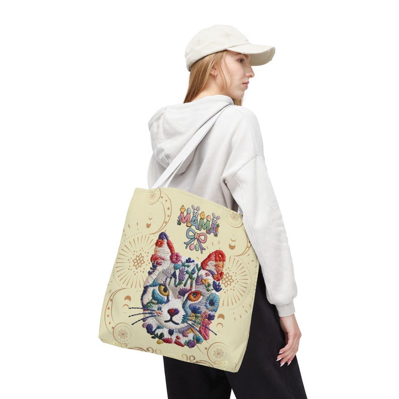 Floral Cat Face mama Tote Bag | Colorful Embroidered Style Animal Print image 3