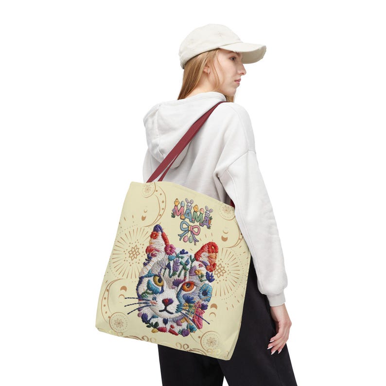 Floral Cat Face mama Tote Bag | Colorful Embroidered Style Animal Print image 12