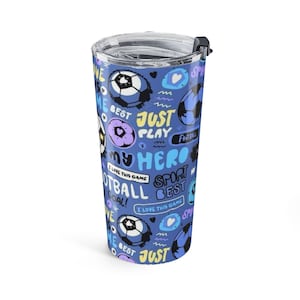 Fußball Doodle Becher 20oz | Fußball-Grafik, blaues Sport-Muster Bild 3